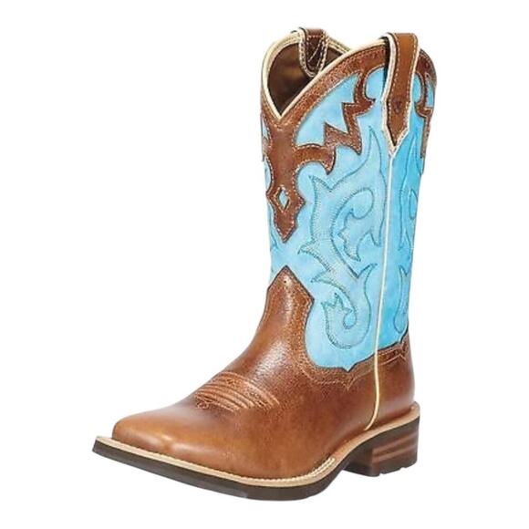 ARIAT Brown/ Cielo Blue UNBRIDLED FULL-GRAIN LEATHER Square Toe COWGIRL BOOTS - Picture 1 of 15